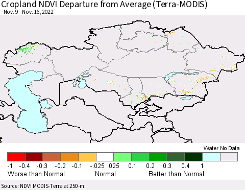 Kazakhstan Cropland NDVI Departure from Average (Terra-MODIS) Thematic Map For 11/9/2022 - 11/16/2022