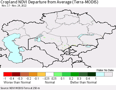 Kazakhstan Cropland NDVI Departure from Average (Terra-MODIS) Thematic Map For 11/17/2022 - 11/24/2022