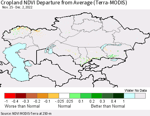 Kazakhstan Cropland NDVI Departure from Average (Terra-MODIS) Thematic Map For 11/25/2022 - 12/2/2022