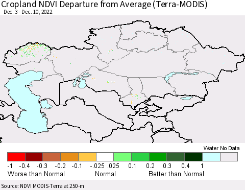 Kazakhstan Cropland NDVI Departure from Average (Terra-MODIS) Thematic Map For 12/3/2022 - 12/10/2022