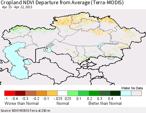 Kazakhstan Cropland NDVI Departure from Average (Terra-MODIS) Thematic Map For 4/15/2023 - 4/22/2023