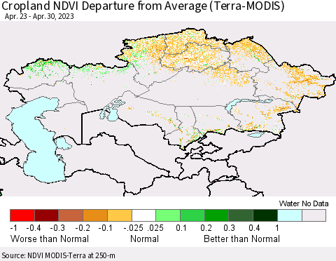 Kazakhstan Cropland NDVI Departure from Average (Terra-MODIS) Thematic Map For 4/23/2023 - 4/30/2023