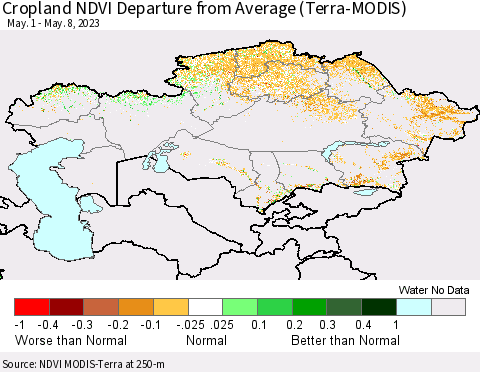 Kazakhstan Cropland NDVI Departure from Average (Terra-MODIS) Thematic Map For 5/1/2023 - 5/8/2023