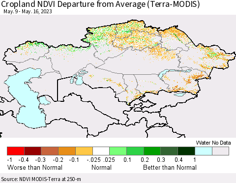 Kazakhstan Cropland NDVI Departure from Average (Terra-MODIS) Thematic Map For 5/9/2023 - 5/16/2023
