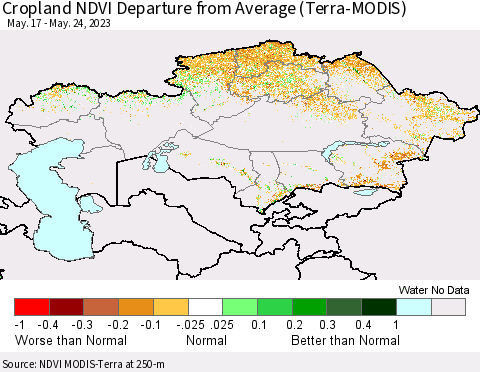 Kazakhstan Cropland NDVI Departure from Average (Terra-MODIS) Thematic Map For 5/17/2023 - 5/24/2023