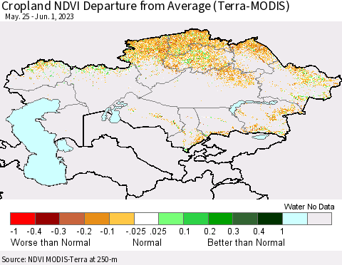 Kazakhstan Cropland NDVI Departure from Average (Terra-MODIS) Thematic Map For 5/25/2023 - 6/1/2023