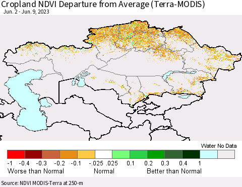Kazakhstan Cropland NDVI Departure from Average (Terra-MODIS) Thematic Map For 6/2/2023 - 6/9/2023