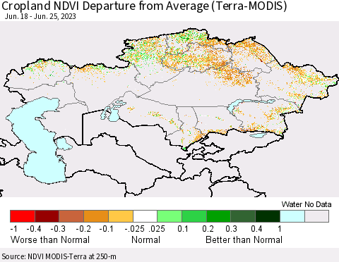 Kazakhstan Cropland NDVI Departure from Average (Terra-MODIS) Thematic Map For 6/18/2023 - 6/25/2023