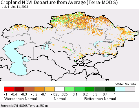 Kazakhstan Cropland NDVI Departure from Average (Terra-MODIS) Thematic Map For 7/4/2023 - 7/11/2023