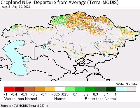 Kazakhstan Cropland NDVI Departure from Average (Terra-MODIS) Thematic Map For 8/5/2023 - 8/12/2023