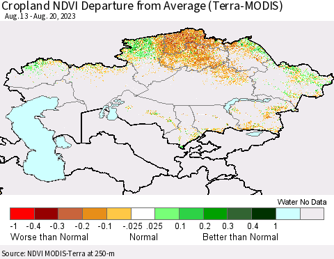 Kazakhstan Cropland NDVI Departure from Average (Terra-MODIS) Thematic Map For 8/13/2023 - 8/20/2023