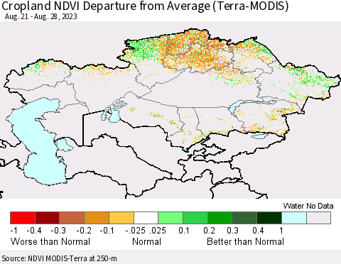 Kazakhstan Cropland NDVI Departure from Average (Terra-MODIS) Thematic Map For 8/21/2023 - 8/28/2023