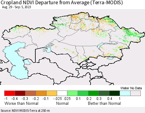 Kazakhstan Cropland NDVI Departure from Average (Terra-MODIS) Thematic Map For 8/29/2023 - 9/5/2023