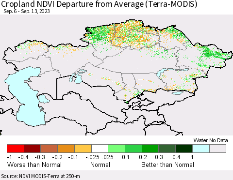 Kazakhstan Cropland NDVI Departure from Average (Terra-MODIS) Thematic Map For 9/6/2023 - 9/13/2023