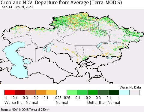Kazakhstan Cropland NDVI Departure from Average (Terra-MODIS) Thematic Map For 9/14/2023 - 9/21/2023