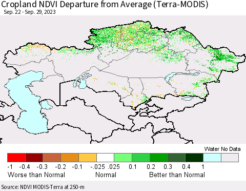 Kazakhstan Cropland NDVI Departure from Average (Terra-MODIS) Thematic Map For 9/22/2023 - 9/29/2023