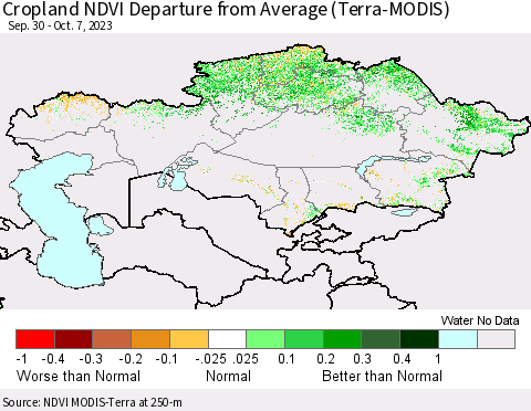 Kazakhstan Cropland NDVI Departure from Average (Terra-MODIS) Thematic Map For 9/30/2023 - 10/7/2023