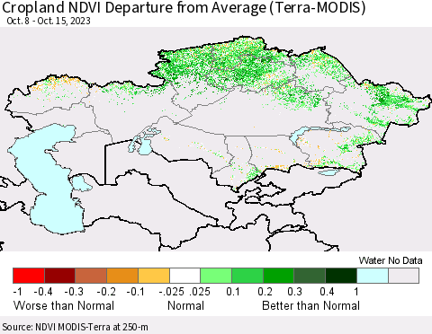 Kazakhstan Cropland NDVI Departure from Average (Terra-MODIS) Thematic Map For 10/8/2023 - 10/15/2023