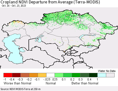 Kazakhstan Cropland NDVI Departure from Average (Terra-MODIS) Thematic Map For 10/16/2023 - 10/23/2023