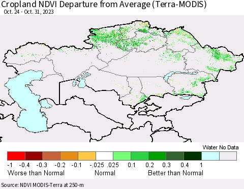 Kazakhstan Cropland NDVI Departure from Average (Terra-MODIS) Thematic Map For 10/24/2023 - 10/31/2023