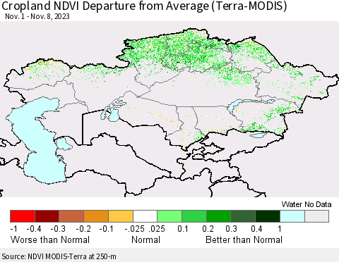 Kazakhstan Cropland NDVI Departure from Average (Terra-MODIS) Thematic Map For 11/1/2023 - 11/8/2023