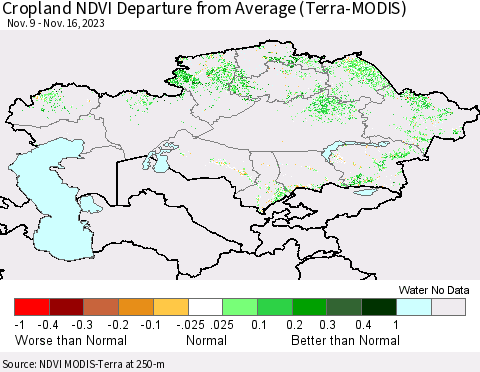Kazakhstan Cropland NDVI Departure from Average (Terra-MODIS) Thematic Map For 11/9/2023 - 11/16/2023