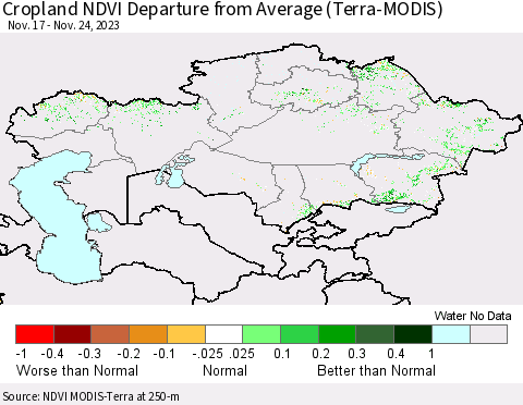 Kazakhstan Cropland NDVI Departure from Average (Terra-MODIS) Thematic Map For 11/17/2023 - 11/24/2023