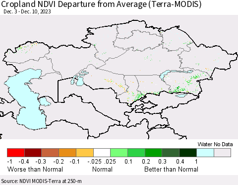 Kazakhstan Cropland NDVI Departure from Average (Terra-MODIS) Thematic Map For 12/3/2023 - 12/10/2023