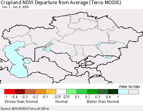 Kazakhstan Cropland NDVI Departure from Average (Terra-MODIS) Thematic Map For 1/1/2024 - 1/8/2024