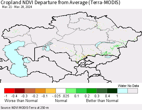 Kazakhstan Cropland NDVI Departure from Average (Terra-MODIS) Thematic Map For 3/21/2024 - 3/28/2024