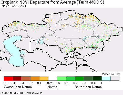 Kazakhstan Cropland NDVI Departure from Average (Terra-MODIS) Thematic Map For 3/29/2024 - 4/5/2024