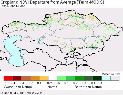 Kazakhstan Cropland NDVI Departure from Average (Terra-MODIS) Thematic Map For 4/6/2024 - 4/13/2024