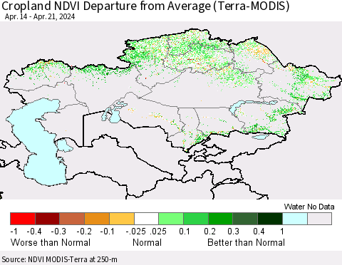 Kazakhstan Cropland NDVI Departure from Average (Terra-MODIS) Thematic Map For 4/14/2024 - 4/21/2024