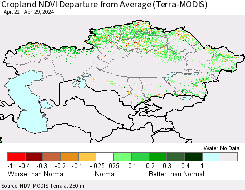 Kazakhstan Cropland NDVI Departure from Average (Terra-MODIS) Thematic Map For 4/22/2024 - 4/29/2024