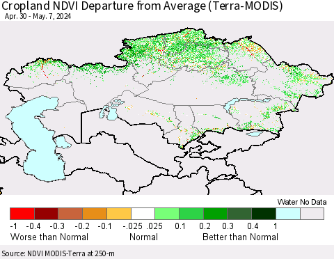Kazakhstan Cropland NDVI Departure from Average (Terra-MODIS) Thematic Map For 4/30/2024 - 5/7/2024