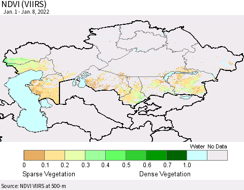 Kazakhstan NDVI (VIIRS) Thematic Map For 1/1/2022 - 1/8/2022
