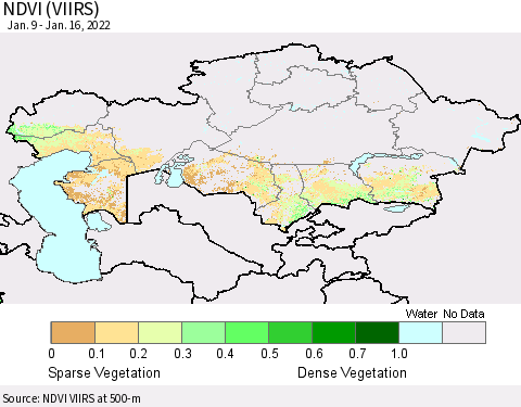 Kazakhstan NDVI (VIIRS) Thematic Map For 1/9/2022 - 1/16/2022