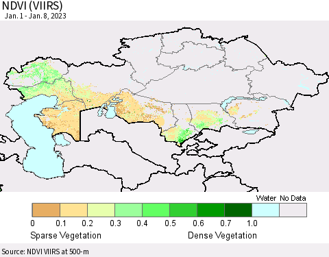 Kazakhstan NDVI (VIIRS) Thematic Map For 1/1/2023 - 1/8/2023
