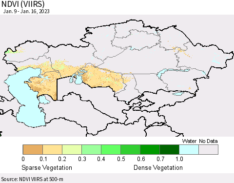 Kazakhstan NDVI (VIIRS) Thematic Map For 1/9/2023 - 1/16/2023