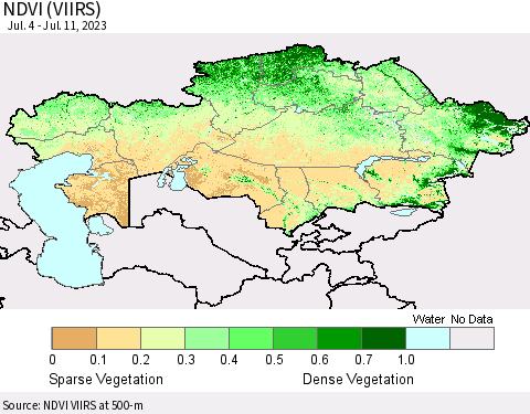 Kazakhstan NDVI (VIIRS) Thematic Map For 7/4/2023 - 7/11/2023