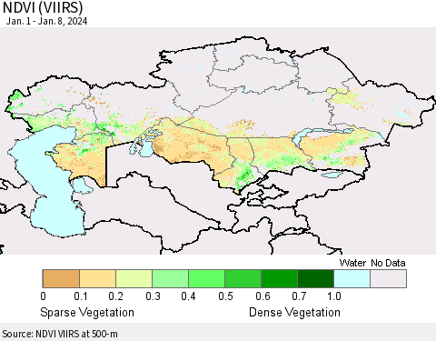 Kazakhstan NDVI (VIIRS) Thematic Map For 1/1/2024 - 1/8/2024