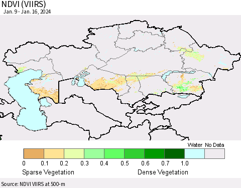 Kazakhstan NDVI (VIIRS) Thematic Map For 1/9/2024 - 1/16/2024