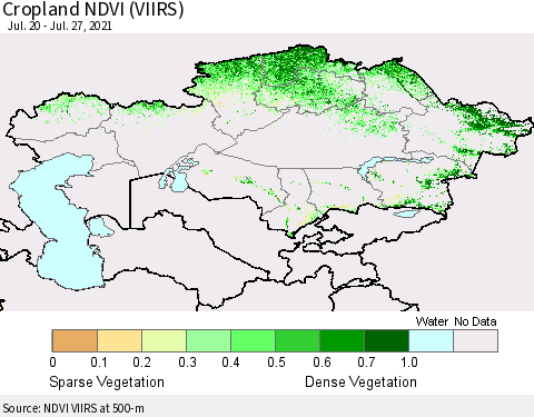 Kazakhstan Cropland NDVI (VIIRS) Thematic Map For 7/20/2021 - 7/27/2021
