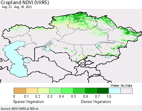 Kazakhstan Cropland NDVI (VIIRS) Thematic Map For 8/21/2021 - 8/28/2021