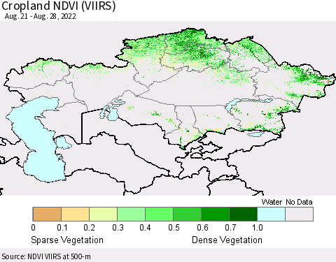 Kazakhstan Cropland NDVI (VIIRS) Thematic Map For 8/21/2022 - 8/28/2022