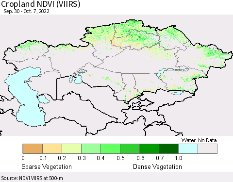 Kazakhstan Cropland NDVI (VIIRS) Thematic Map For 9/30/2022 - 10/7/2022