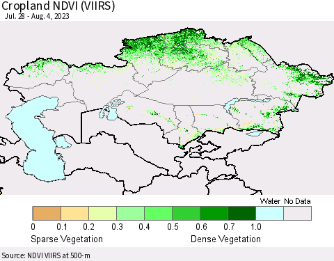Kazakhstan Cropland NDVI (VIIRS) Thematic Map For 7/28/2023 - 8/4/2023