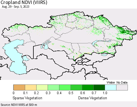 Kazakhstan Cropland NDVI (VIIRS) Thematic Map For 8/29/2023 - 9/5/2023