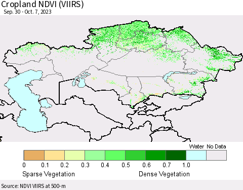 Kazakhstan Cropland NDVI (VIIRS) Thematic Map For 9/30/2023 - 10/7/2023