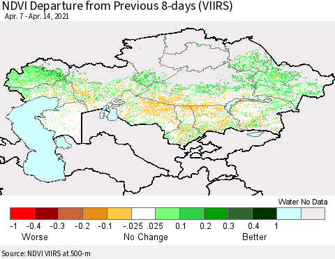Kazakhstan NDVI Departure from Previous 8-days (VIIRS) Thematic Map For 4/7/2021 - 4/14/2021